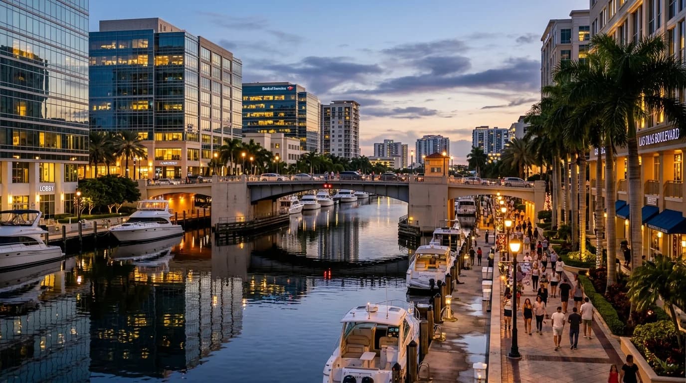 Fort Lauderdale Las Olas waterway with office towers and moored yachts at dusk