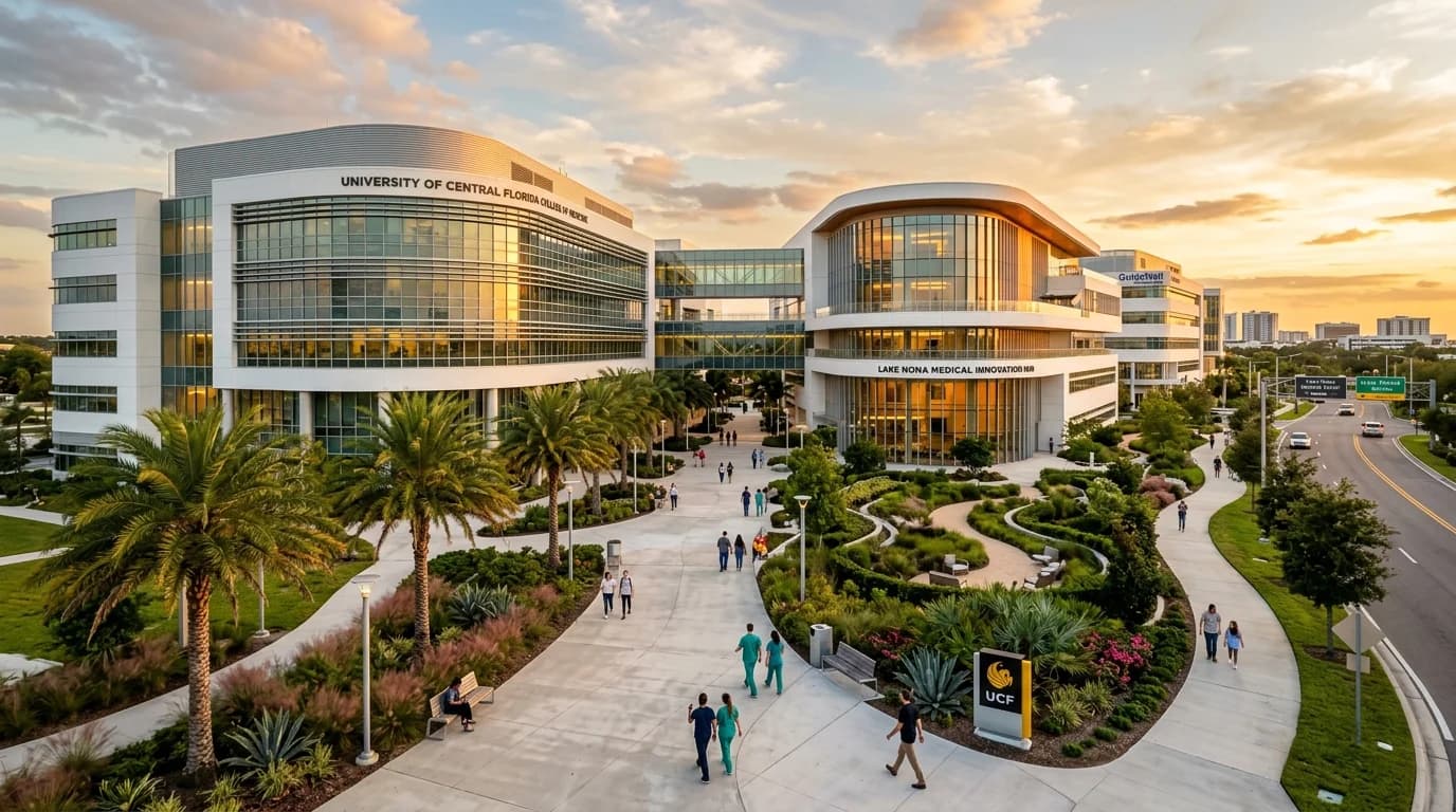 Lake Nona Medical City campus at golden hour, UCF medical school and innovation district