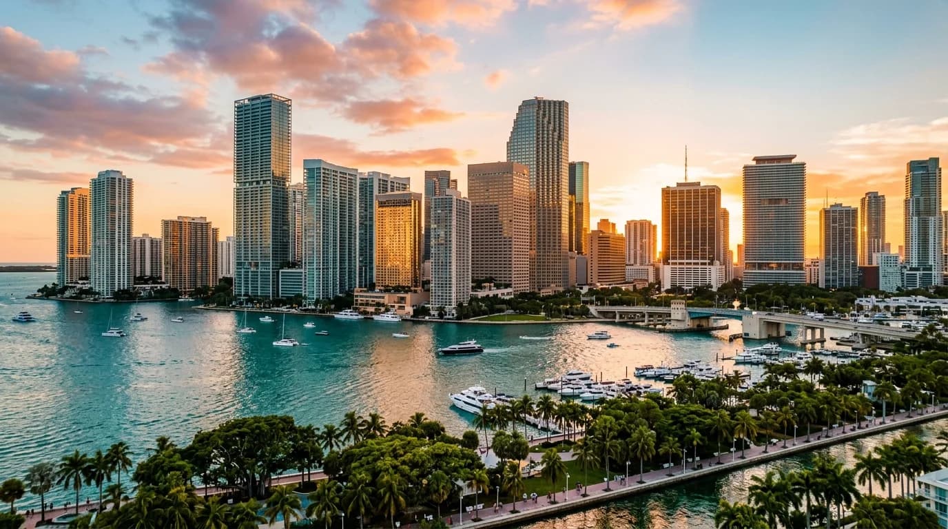 Miami Brickell financial district towers above Biscayne Bay at golden hour