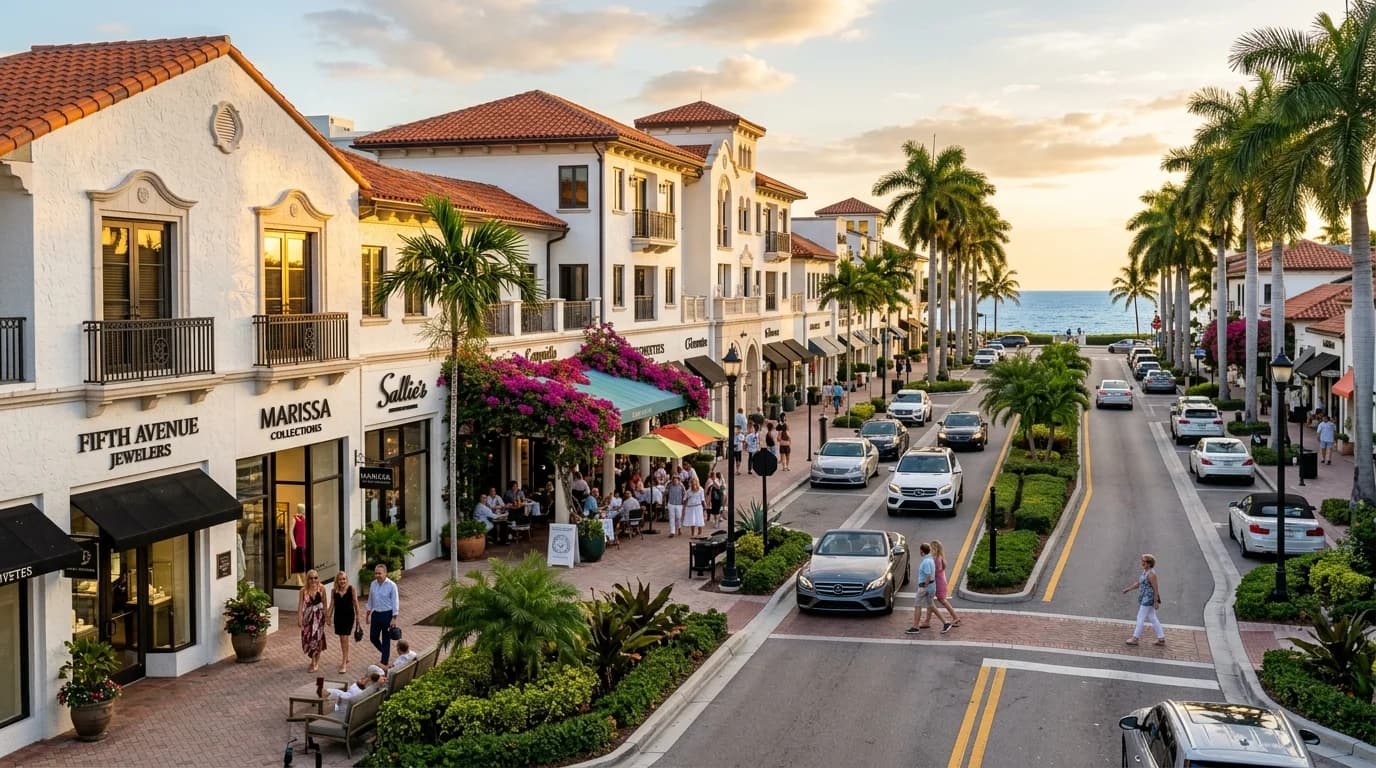 Naples Fifth Avenue South luxury retail district with Mediterranean architecture and Gulf view
