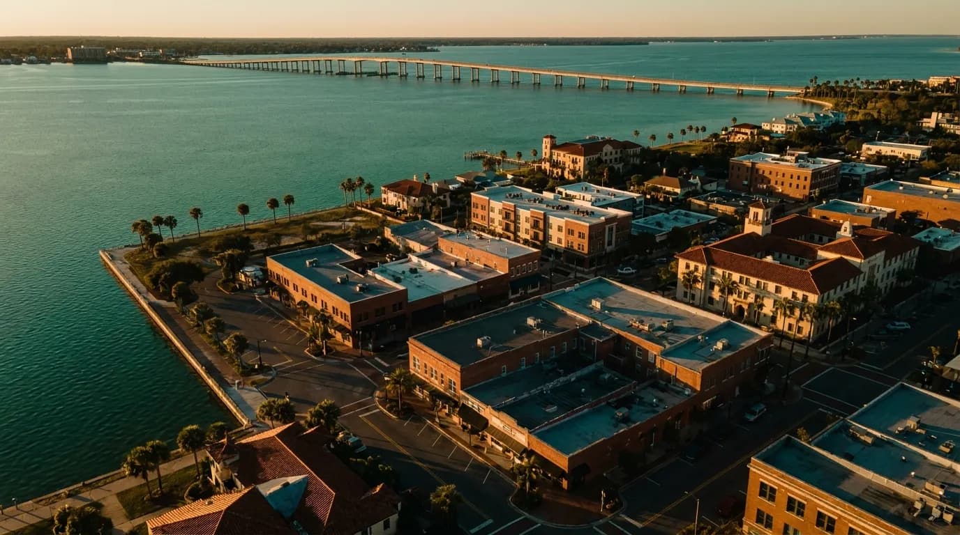Aerial view of downtown Pensacola on the Gulf Coast at golden hour