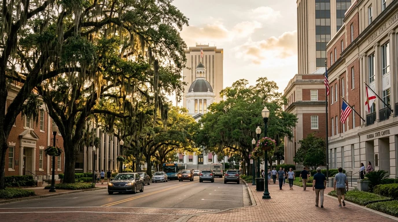 Tallahassee downtown with Florida State Capitol dome framed by live oaks draped in Spanish moss