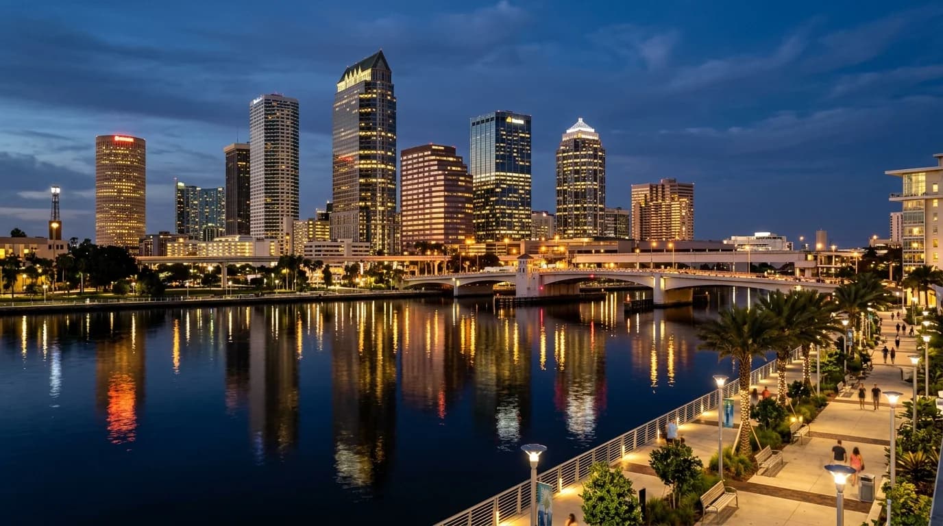 Tampa Bay waterfront skyline reflected in the Hillsborough River at blue hour