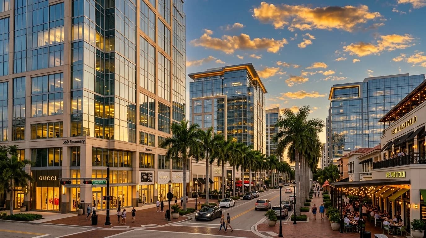 West Palm Beach Class A office towers and ground-floor retail along a palm-lined boulevard at golden hour